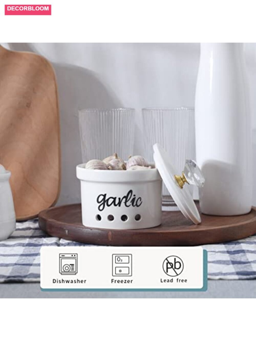 Ceramic Garlic Keeper with Crystal Lid, 12.5 oz, Farmhouse Kitchen Decor - Picture 3 of 6